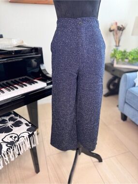 High-Rise Wide-Leg Cropped Pants in Navy Tweed